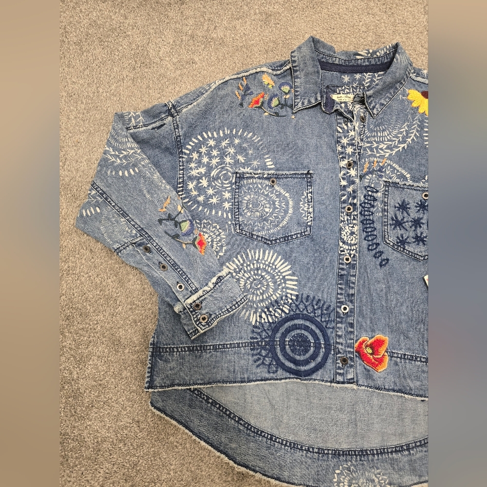 Marrakesh Free People Embroidered Denim Top Jacket NWT Boho Hippie Funky Boxy - Picture 8 of 14